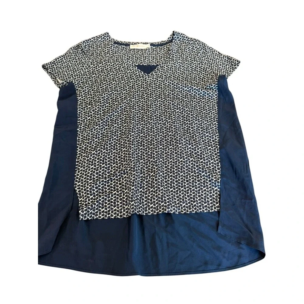 Tory Burch Navy‎ White Geometric Linen Silk Mixed Media V-Neck Blouse Size S